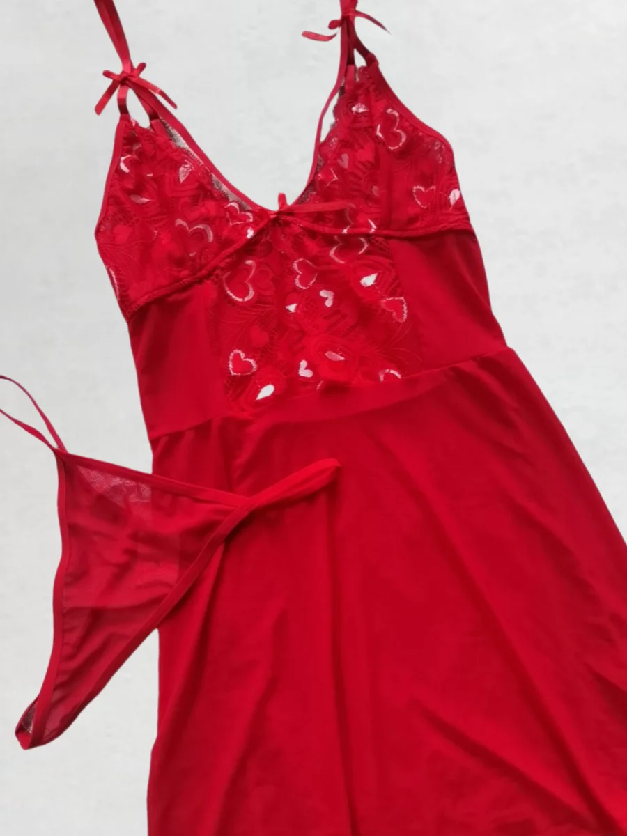 Women\'s Fashion Red Mesh Splicing Lace Love Printed Bow Cross Sling Beauty Back Nightgown Panty Set