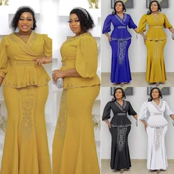 Women Eid Muslim Dresses Two Pieces Kaftan Islam Solid V Neck Tops Morocco Musulman Ensemble Arab Dubai Skirts Casual Pearls