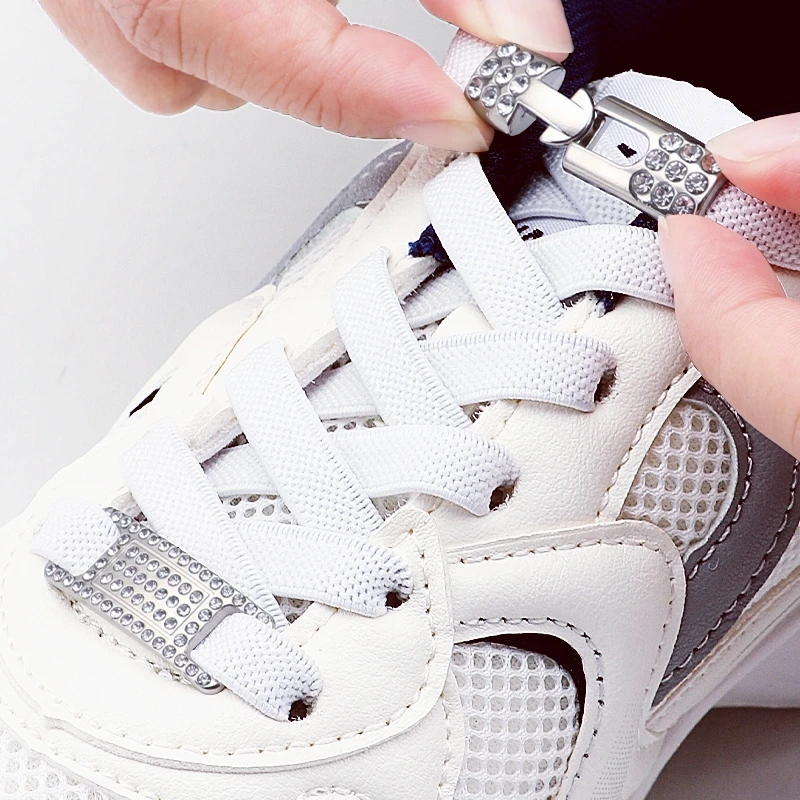 Silver Diamond BUCKLE NO Tie รองเท้า laces Elastic Laces รองเท้าผ้าใบเชือกผูกรองเท้าเทนนิสไม่มีผูกแบนเชือกผูกรองเท้าสําหรับรองเท้าอุปกรณ์เสริม