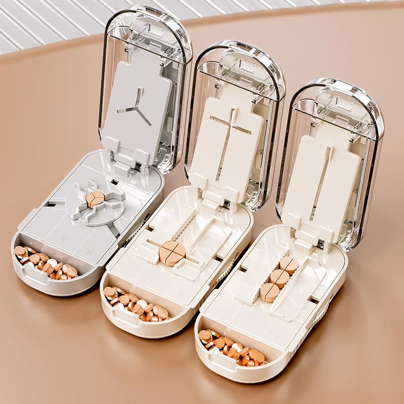Pemotong Pil Terbaru dengan Sikat & Pisau Pengganti Kotak Pemisah Tablet Obat 2 Dalam 1 Portabel Presisi Dispenser Pil Perawatan Kesehatan