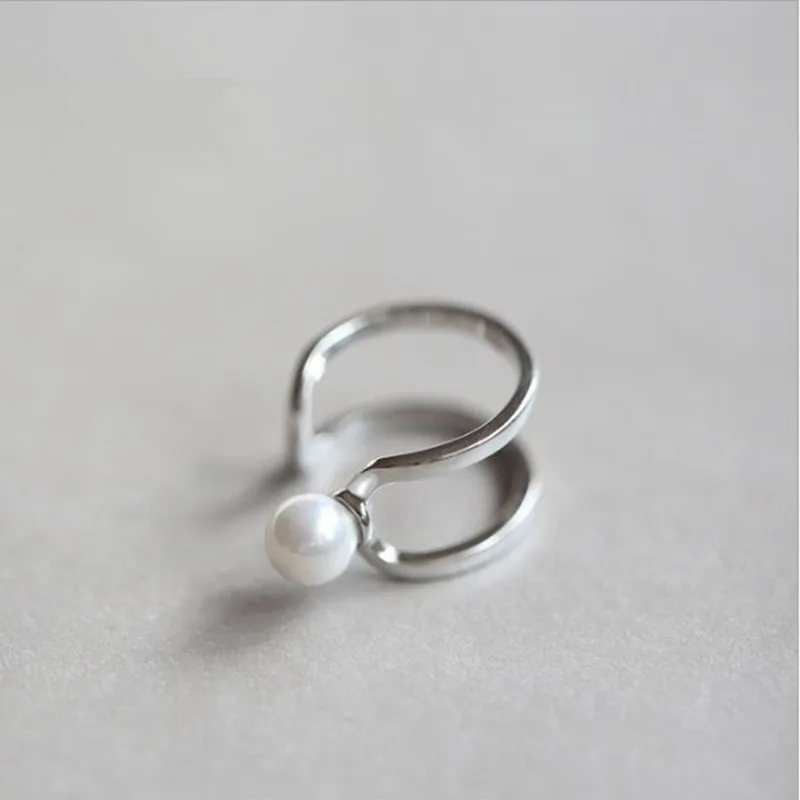 Fashion Simple Hollow Double Pearl 925 Sterling Silver Jewelry Not Allergic Exquisite Popular Opening Rings