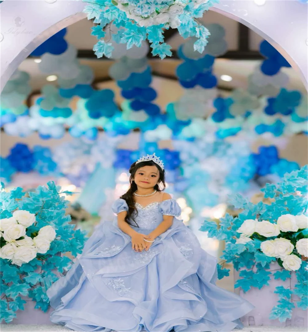 Ice Blue 3D Floral Off-shoulder Girls' Dress with Big Puffy Skirt Delicate Embroidery Large Bow Back Dreamy Cinderella Style
