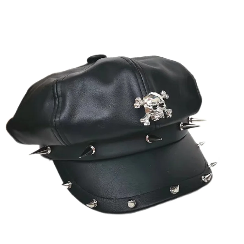 Young Fashion Wild Hat Punk Rock and Roll Beret Leather Cat Long Rivet Casual Short Brim Hat