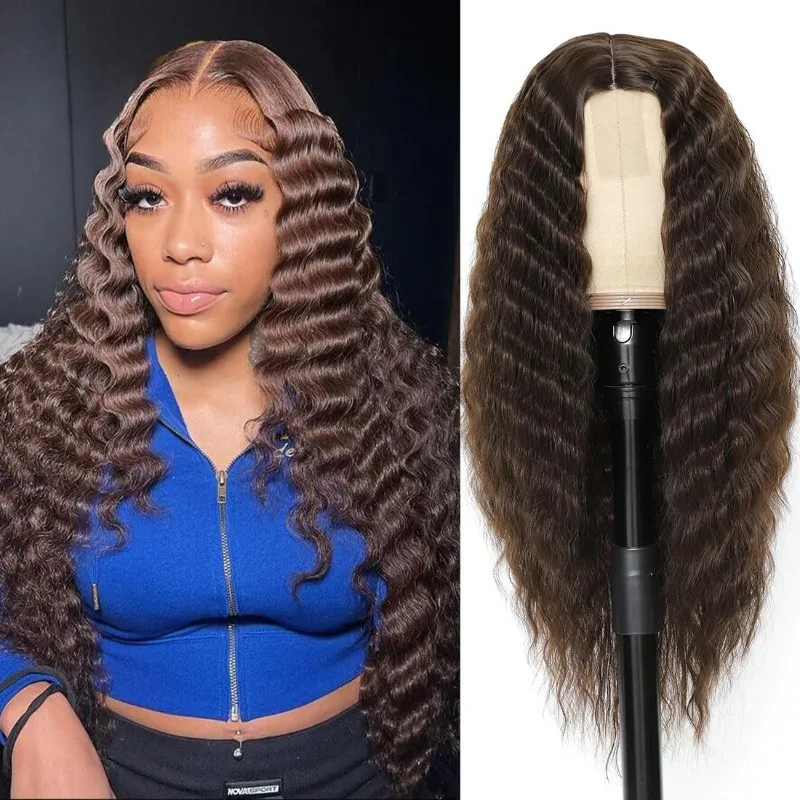 28インチレースフロントウィッグロングディープウェーブ合成ブラウンミックスブロンド女性用ヘア交換ナチュラルクリンプカーリー耐熱性