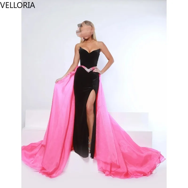 Zwart Roze Zeemeermin Avondjurk Strapless Fluwelen Split Galajurk met Strass Riem Feestjurk Vestdos De Fiesta Aangepast