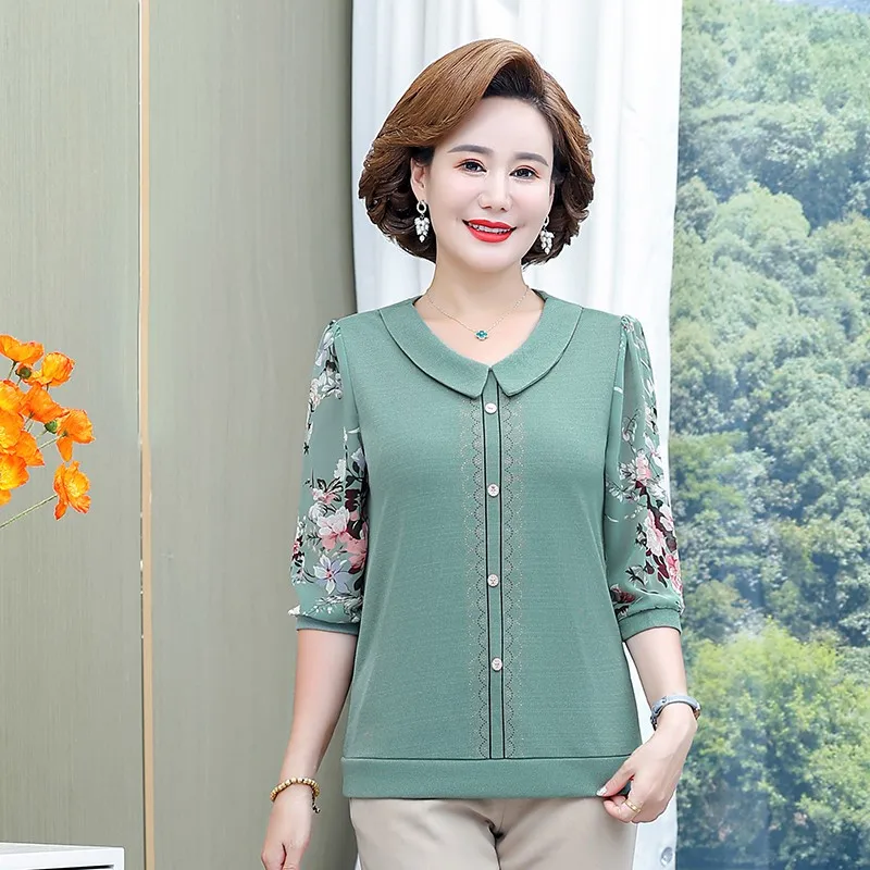 New Chiffon Long Sleeve Shirt Autumn Bottom Shirt Middle aged Female Mom Spring T-shirt Top