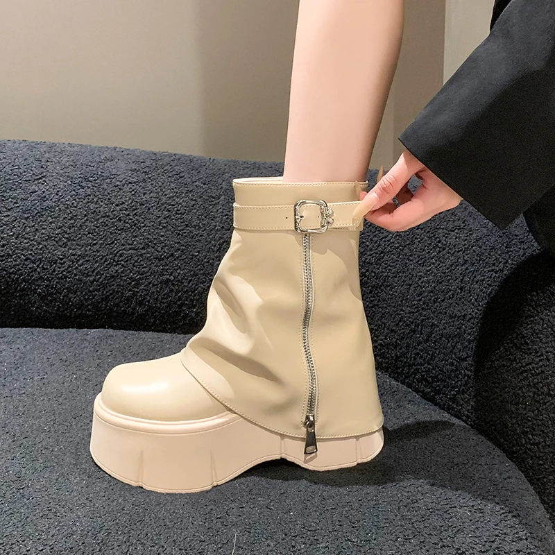 

Soft Leather Mid Calf Boots Winter Autumn High Platform Wedge British Booties Woman New Ladies Side Zipper Chunky Shoes 8CM