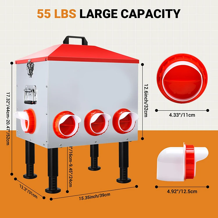 Poultry Anti-Waste Height-Adjustable 55Lbs Large Capacity Metal Automatic Chicken Feeder with Visual Window