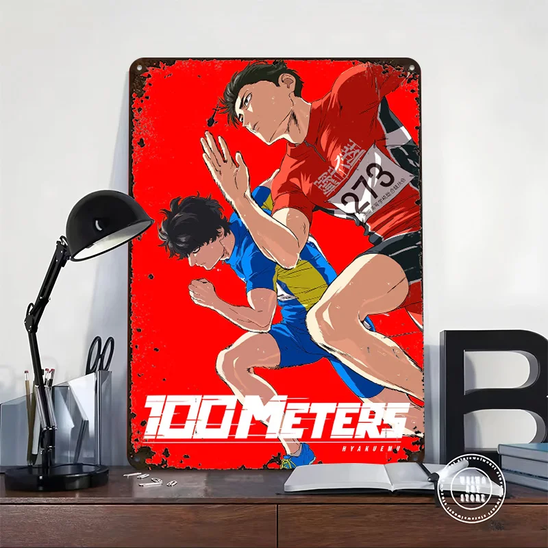 100 Meters Anime Runners in a Race Personalized 3D Textured Metal Poster Wall Art Tinplate Sign for Home Decorations Living Room
