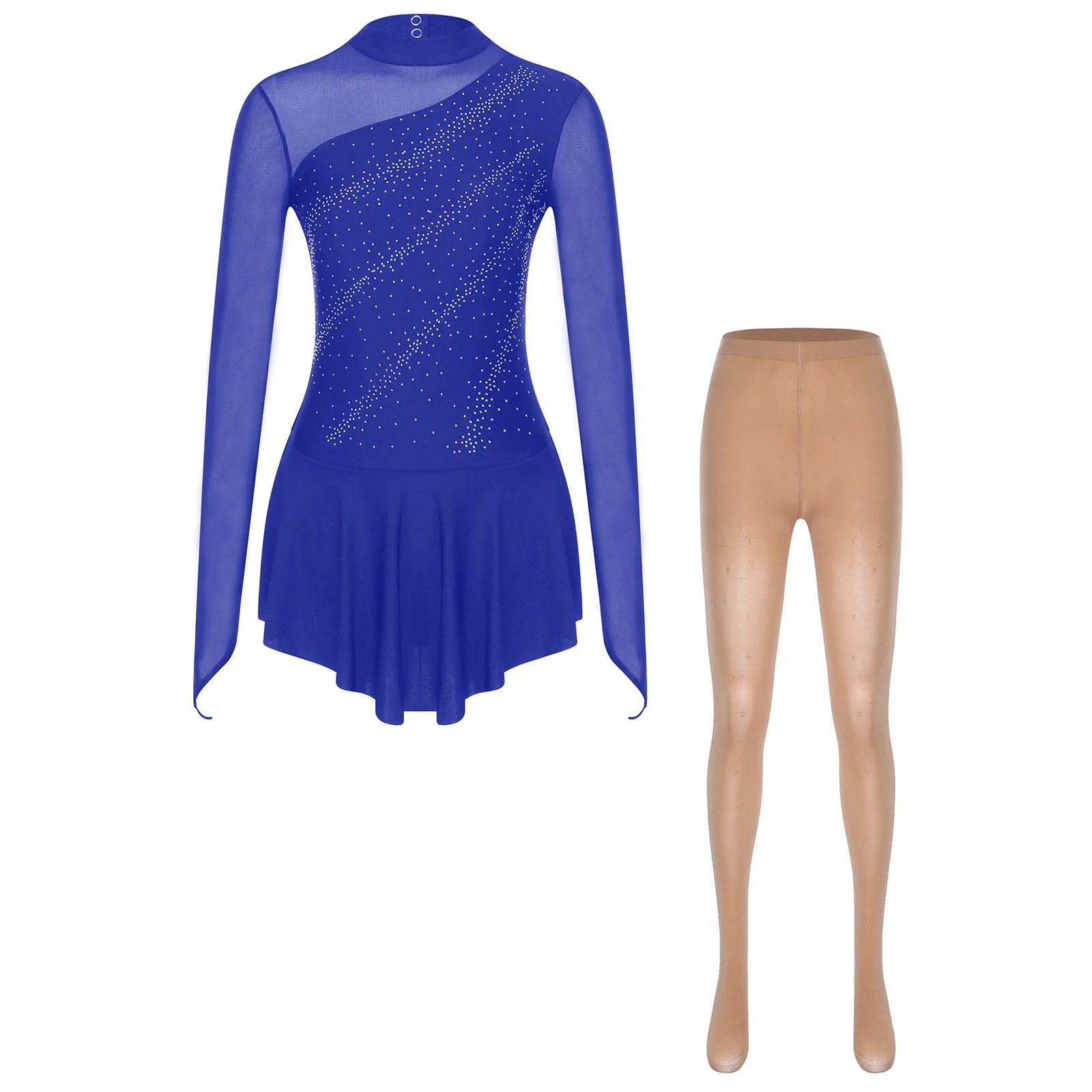 

Женский гимнастический балетный костюм для латинских танцев, лирическое платье со стразами и длинными рукавами, колготки, современная одежда для бальных танцев