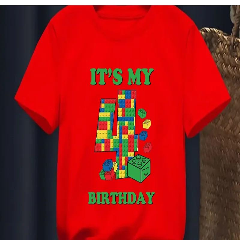 Black/Red T-Shirt For Girls/Boys Cute It'S My 4th/5th/6th Birthday Building Blocks Printed T Shirt Perfect Birthday Gift Kids Cl