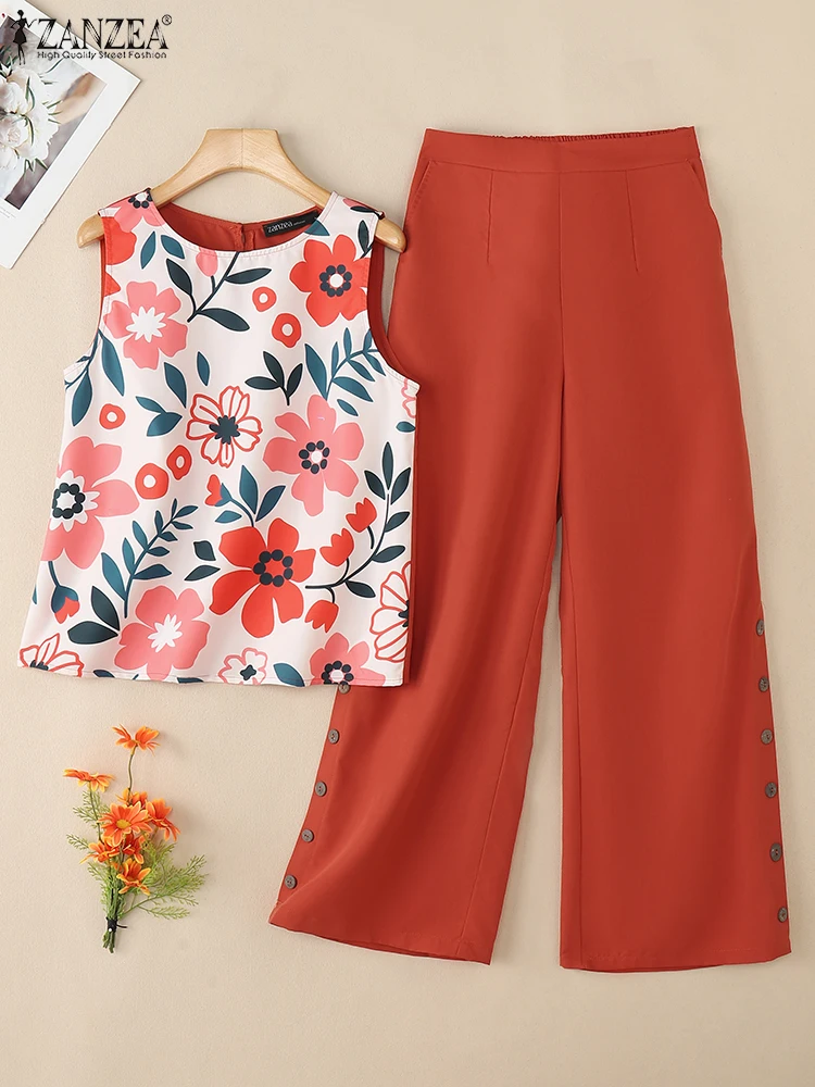 

ZANZEA женские богемные праздничные комплекты из 2 предметов, повседневные топы на бретелях с цветочным принтом и однотонные широкие брюки, костюмы из 2 предметов, летние комплекты брюк 2025 г.