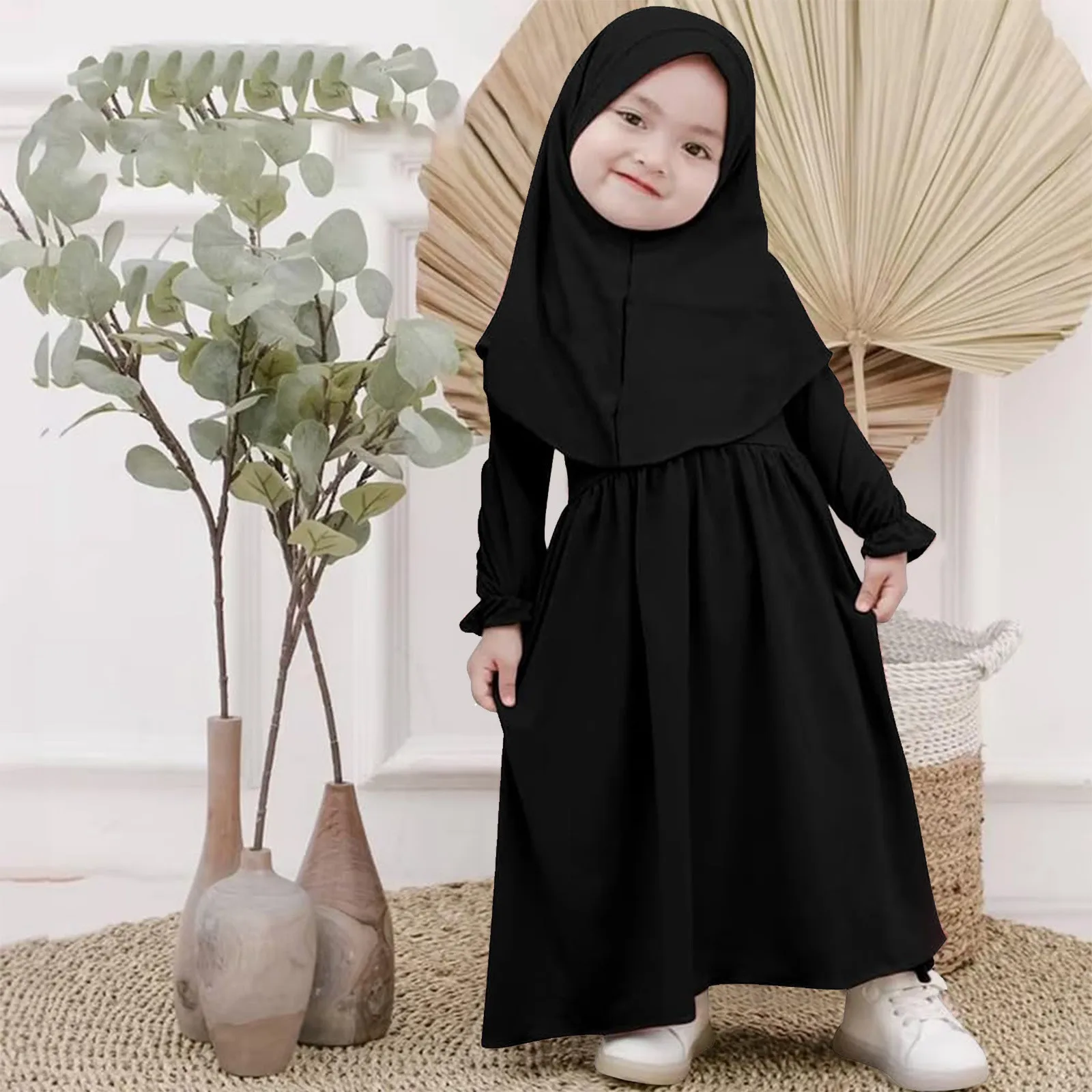 Muslim Abaya Robe And Headscarf Set For Girls 0-5 Years Pure Color Robe With Hijab Girls Outfits&Set Children Muslim Outfits