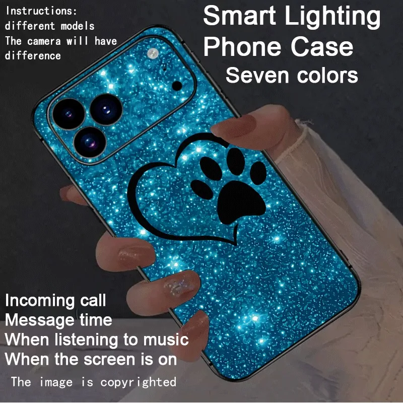 Blue Glitter Heart Paw LED Light Up Phone Case For iPhone 16 Plus 17 Air 14 15 16 11 17 Pro Max 12 13 Min Fundas Glow Luminous