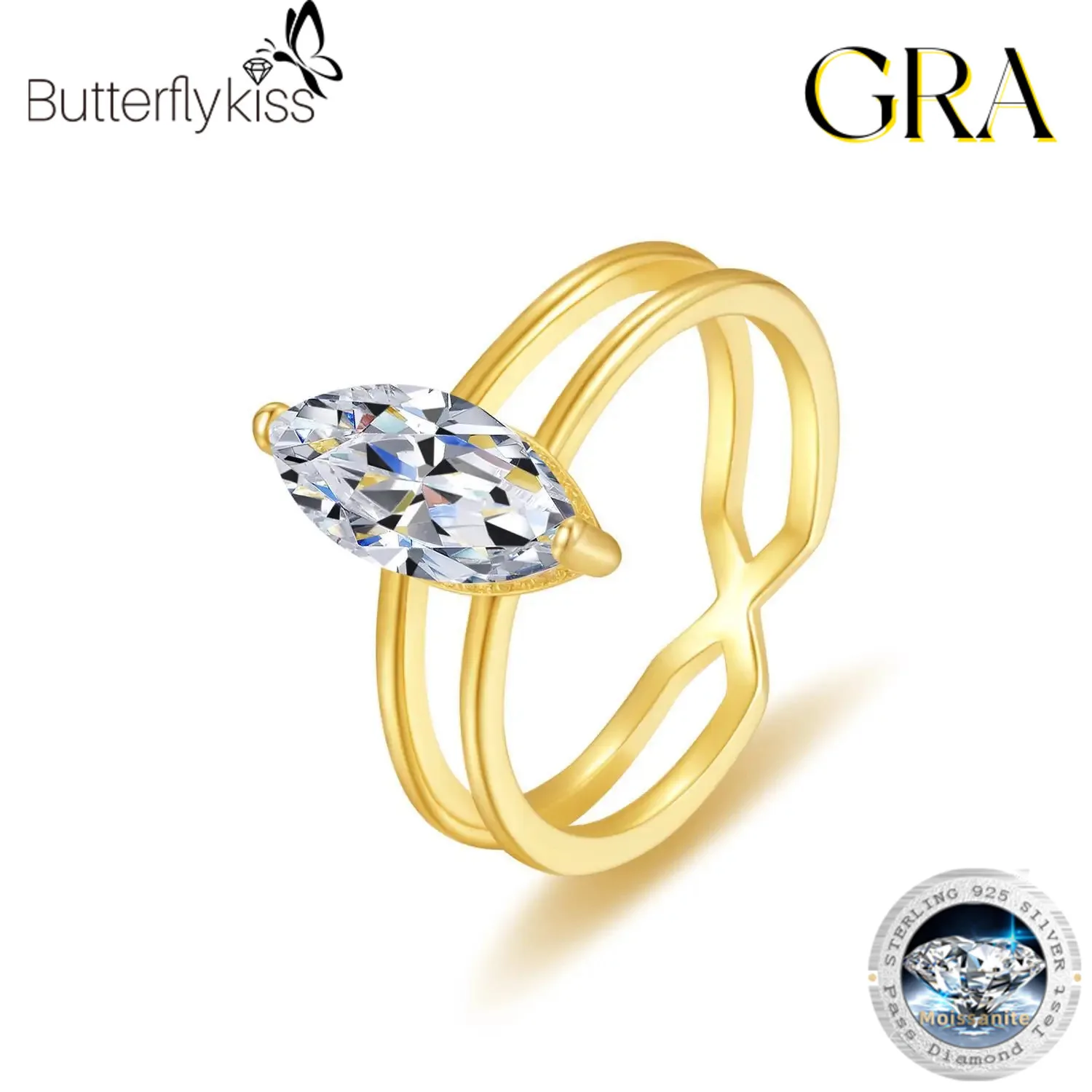 

Butterflykiss 2ct Oval Cut Women's Moissanite Diamond Ring 925 Sterling Silver Plate 18k Gold D Color Claasic Ring For Women GRA