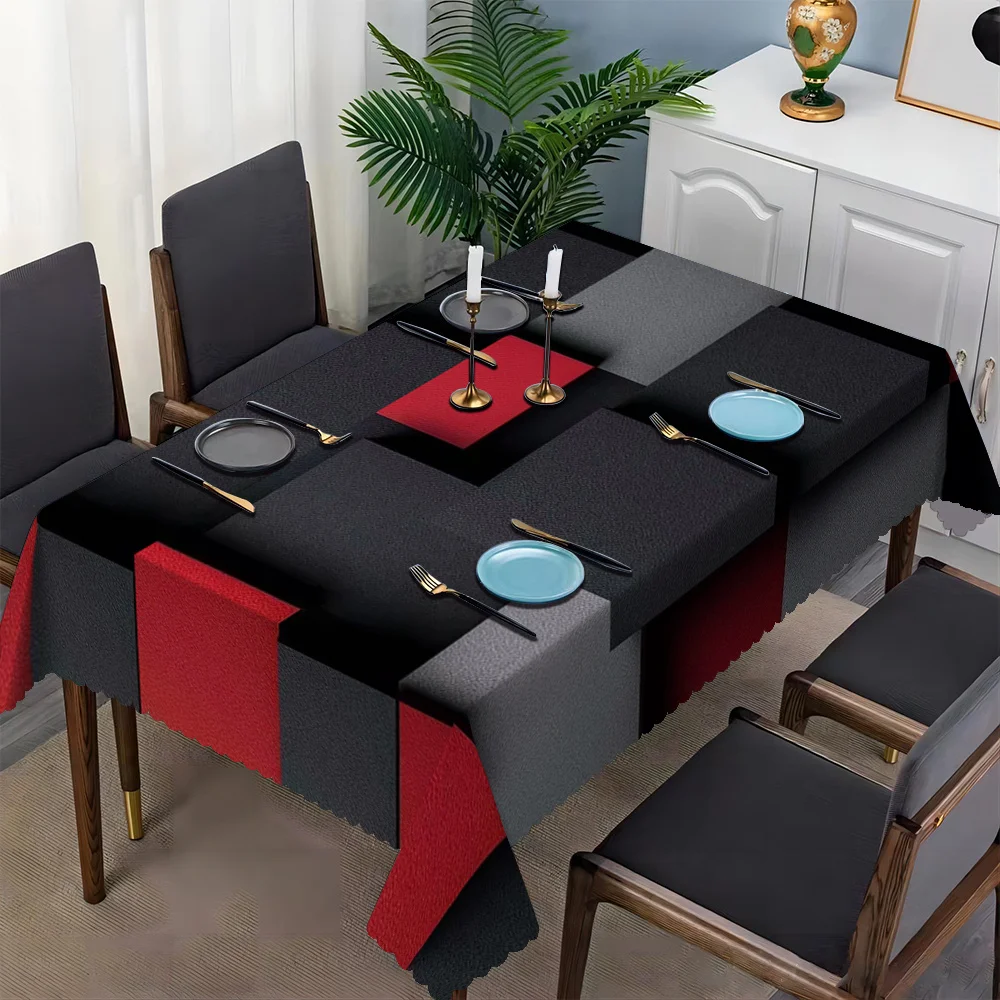 1 piece of modern geometric tablecloth - black, red, and gray checkered design, with fan-shaped edges