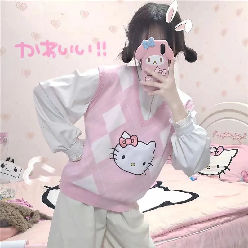 Hello Kitty Cartoon Vest Women Short Loose Trendy  Sleeveless Knitted V-Neck All-match Female Coats Simple Leisure Outwear