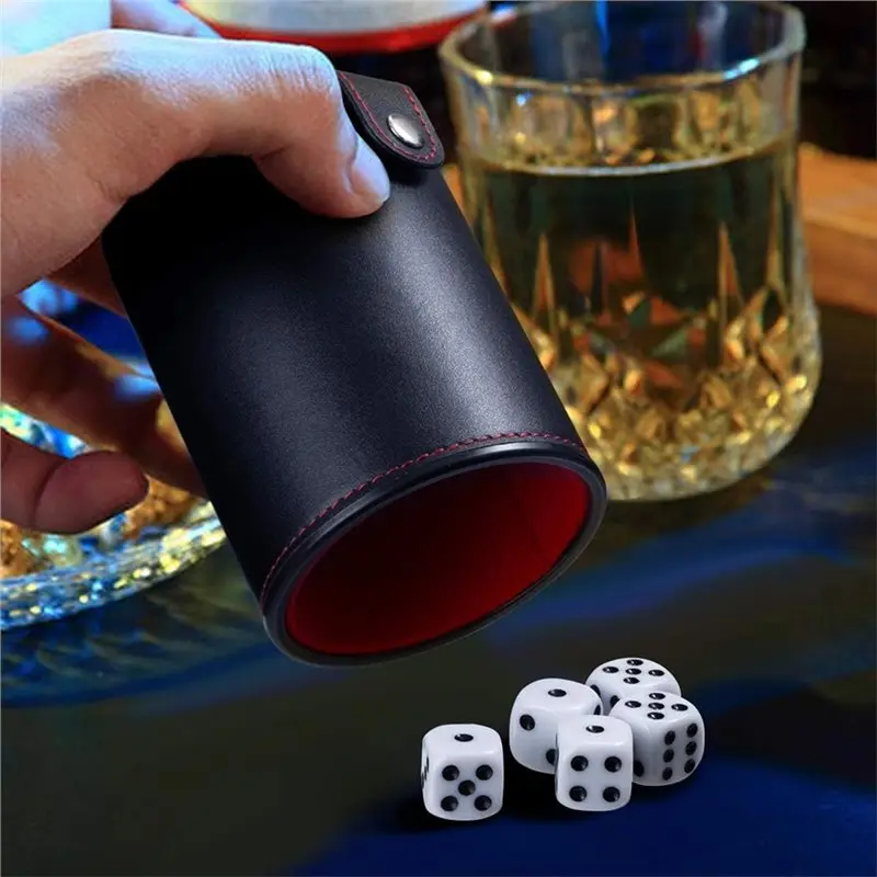 Hot AD-Quiet Felt Lined Interior, Leather Dice Cup With Lid& Storage Compartment, Includes 5 Dice- For Yahtzee, Bar Party Etc