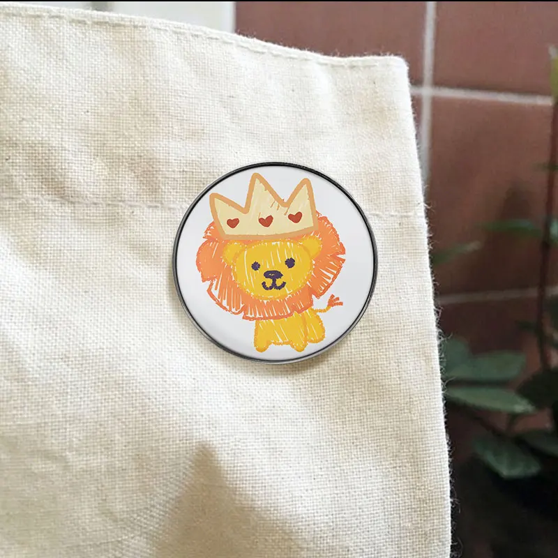 Hand Drawn Crown Lion UV Printing Badge Crayon Drawing Style Brooch For Coat Bag Decoration Adorable Gift For Animal Art Lovers