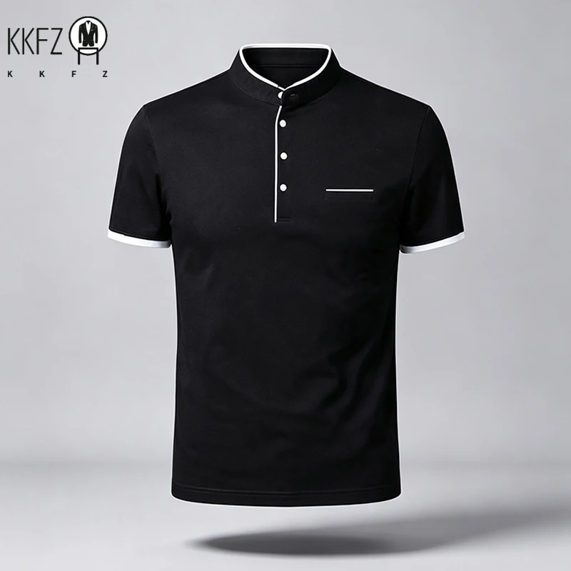 Men Regular Fit Short Sleeve Polo Shirt Stand Collar Chest Pocket For Office Business Look And City Street Daily Wear