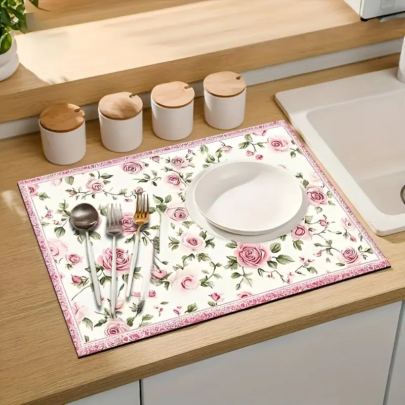 VIKAMA French Country Pink Rose Floral Drain Mat Absorbent Non Slip Coffee Maker Mat Kitchen Countertop Table Home Decor