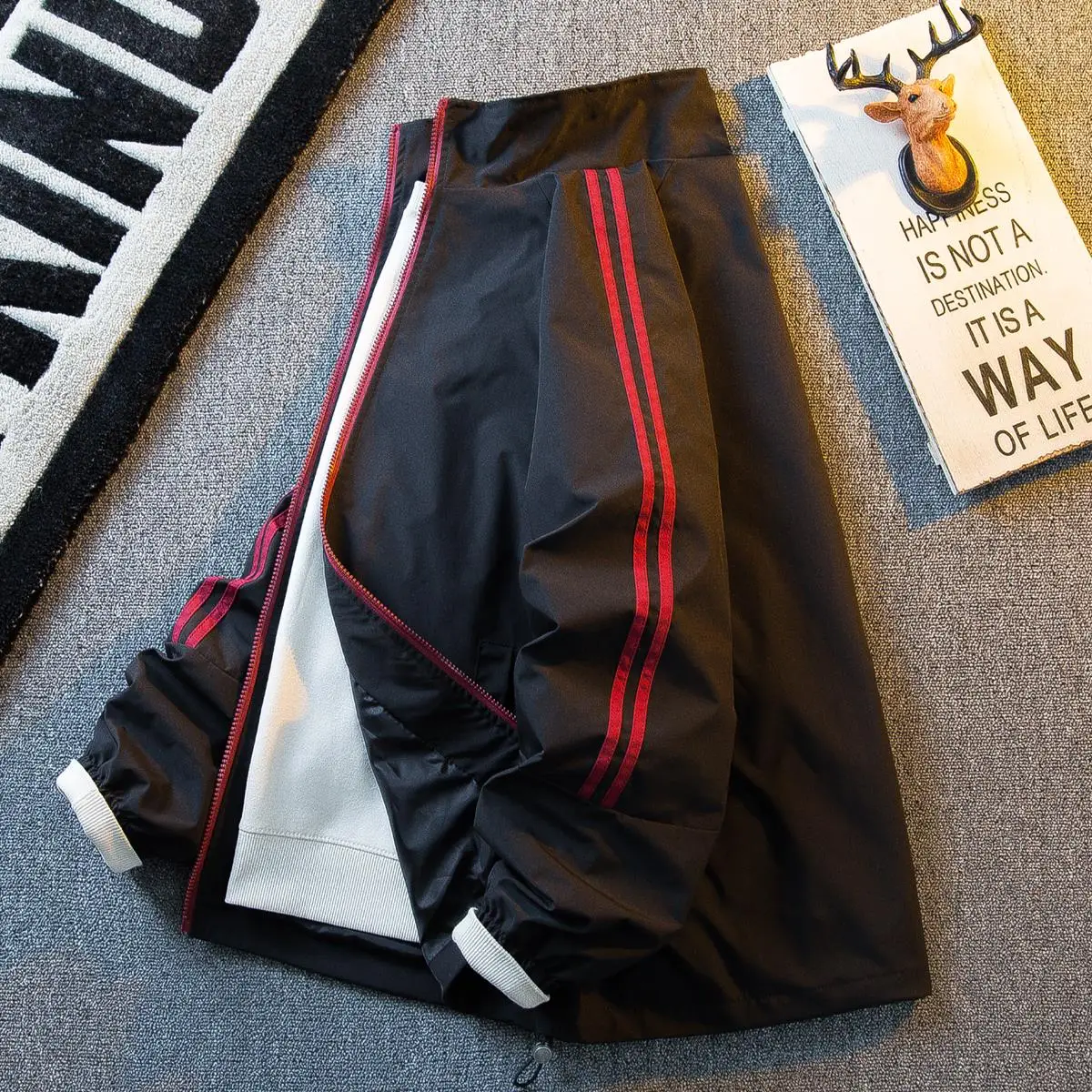 

American Stripe Collar Jaet Men's Spring Autumn Trend Loose Couple Casual Sweatirt Sport Outerwear Polyester Fabric