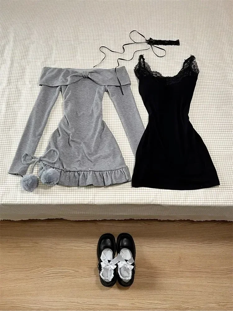 Sweet Sexy Lace Patchwork Black Camisole Dress Women+Long Sleeve Slim Fit Y2k Crop Tops Autumn New Two Piece Sets Outfits New