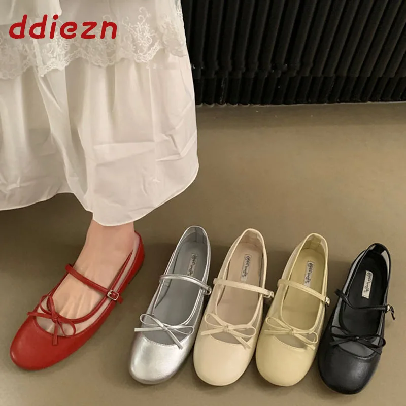

Модные женские туфли Мэри Джейн с круглым носком, новые весенние женские туфли на плоской подошве с бантом-бабочкой и ремешком с пряжкой