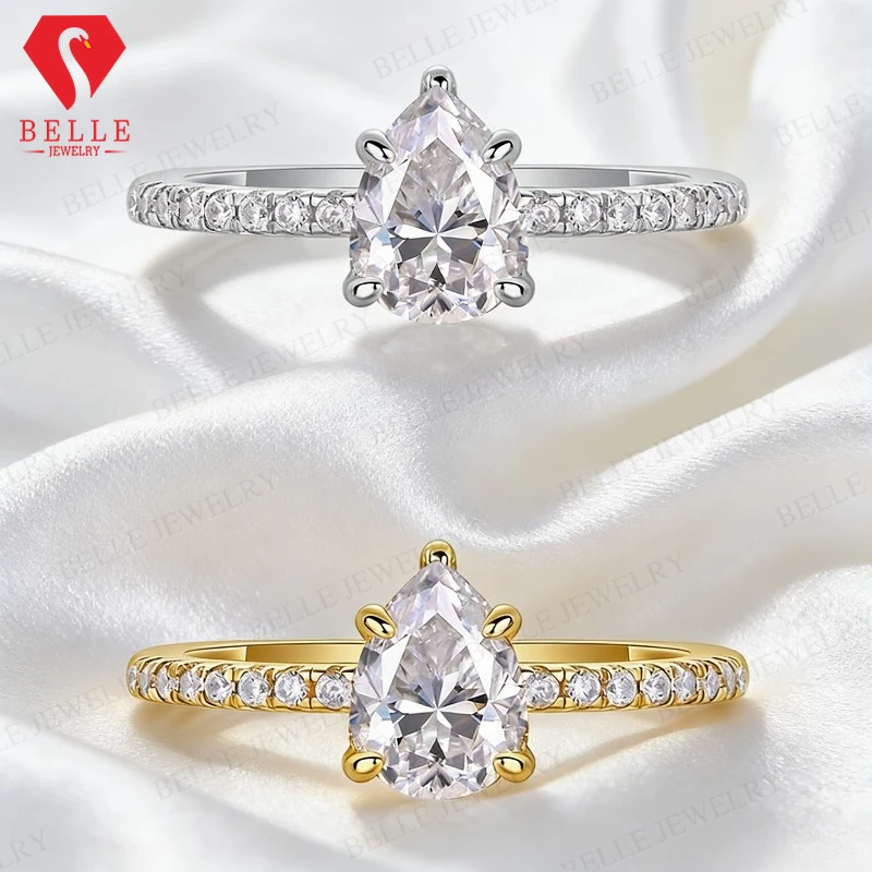 

D Color VVS1 1ct Moissanite Ring Pear Cut S925 Sterling Silver Engagement Wedding Band Fine Jewelry Anniversary Gift for Her