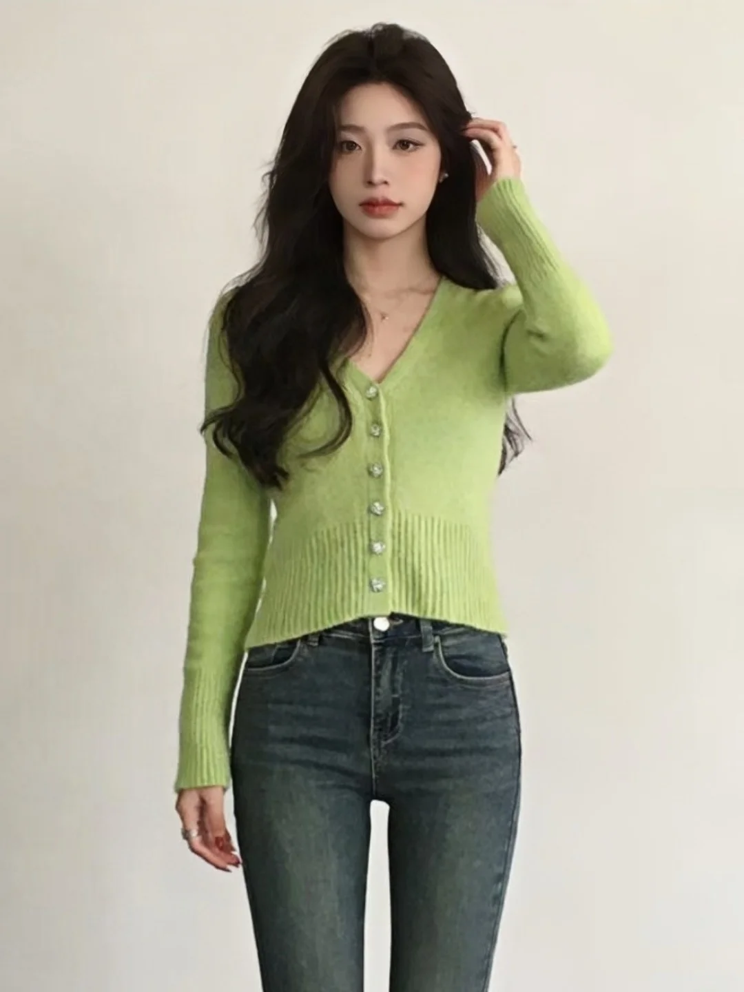 

Korean Style Soft Knitted Short Thickened V-Neck Women's Open Cardigan Spring Autumn Slimming Sweater Outerwear Casual Wear