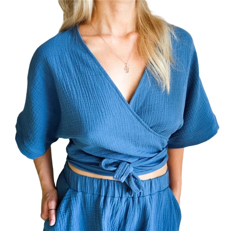 

AOAO-Women's Short Sleeve V Neck Blouses Babydoll Tie Front Shirts Casual Crop Tops