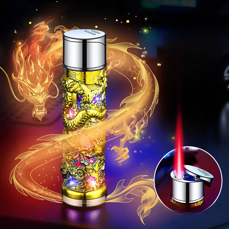 New Embossed Relief Dragon Design Torch Lighter Refillable Butane Windproof Jet Red Flame Lighter for Gifts (Without Butane)