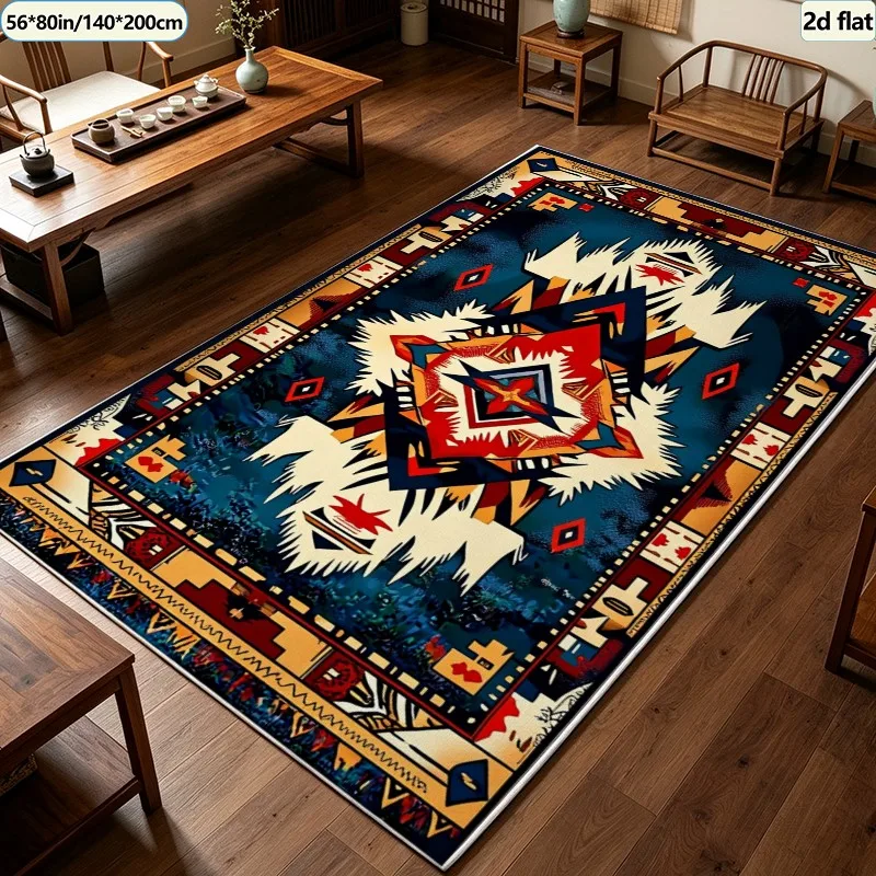Southwestern Ethnic Style Carpet Flooring, Bohemian Geometric Area Rug Non‑Slip Floor Mat for Living Room Home Decoration