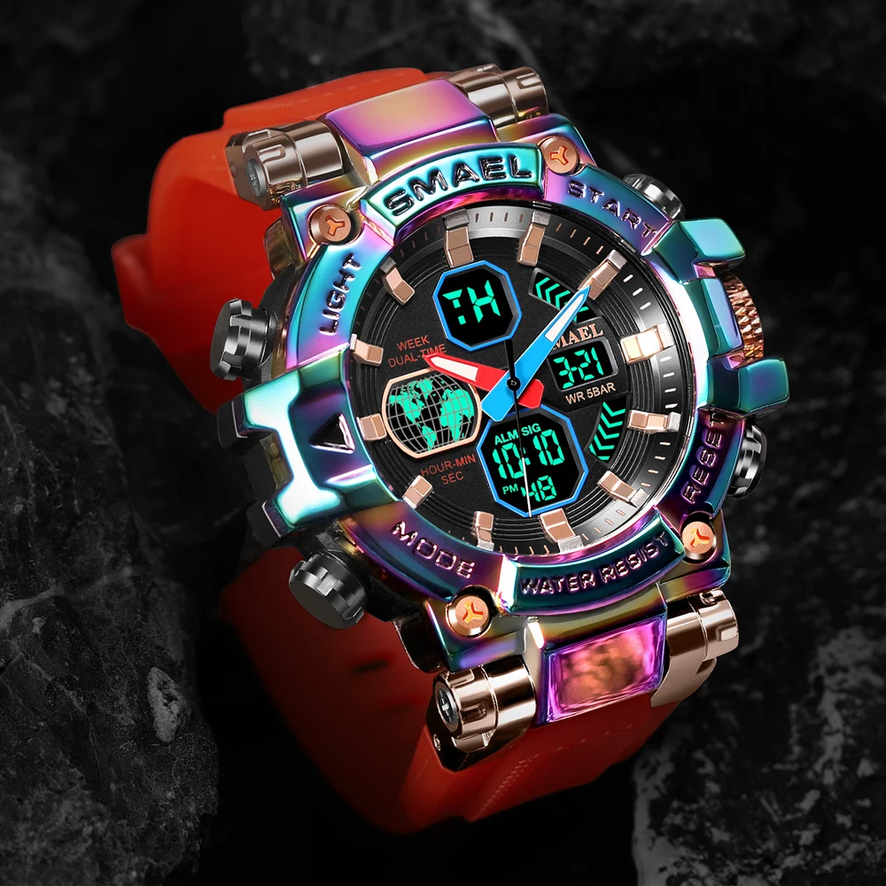 Colorful Quartz Watch for Men SMAEL Analog Digitals Sports Wristwatch Waterproof Multi Function Digital Military Watches Male