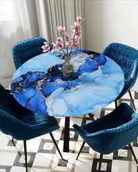 Blue Marble Round Tablecloth Mantel De Mesa Oilproof Waterproof Table Cover Elastic Fabric Polyester Tablecloth for Indoor