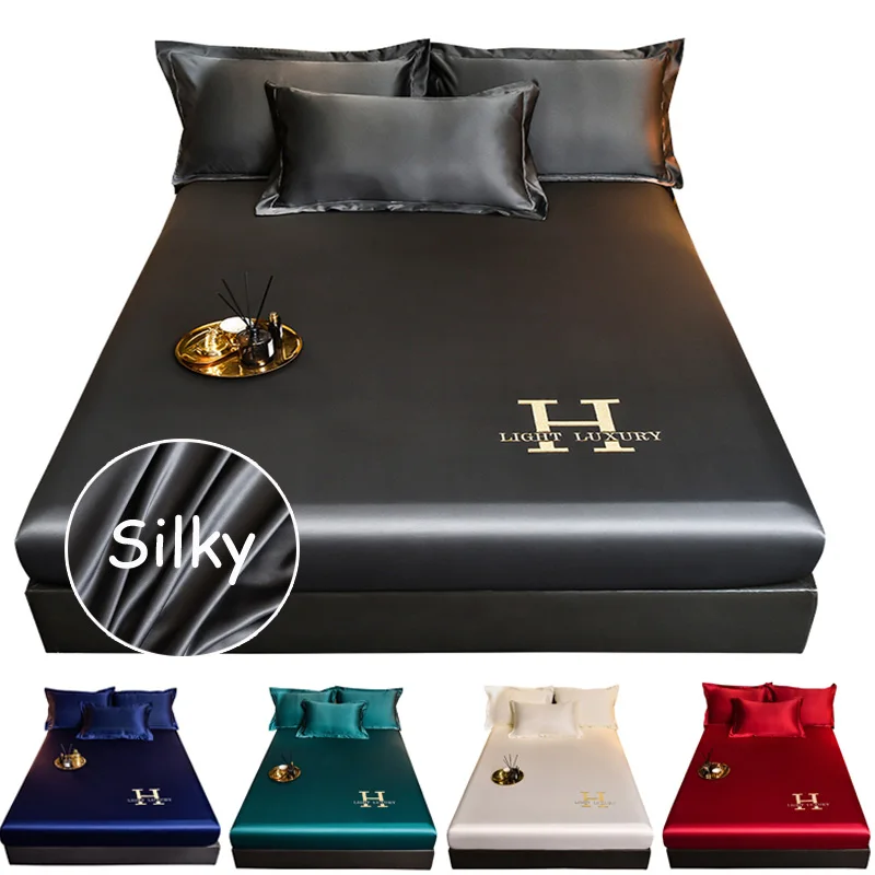 

High-end Satin Fitted Sheet with Elastic Band Solid Color Silky Bed Sheet Smooth Non-Slip Mattress Cover Bedspreads Bed Linen