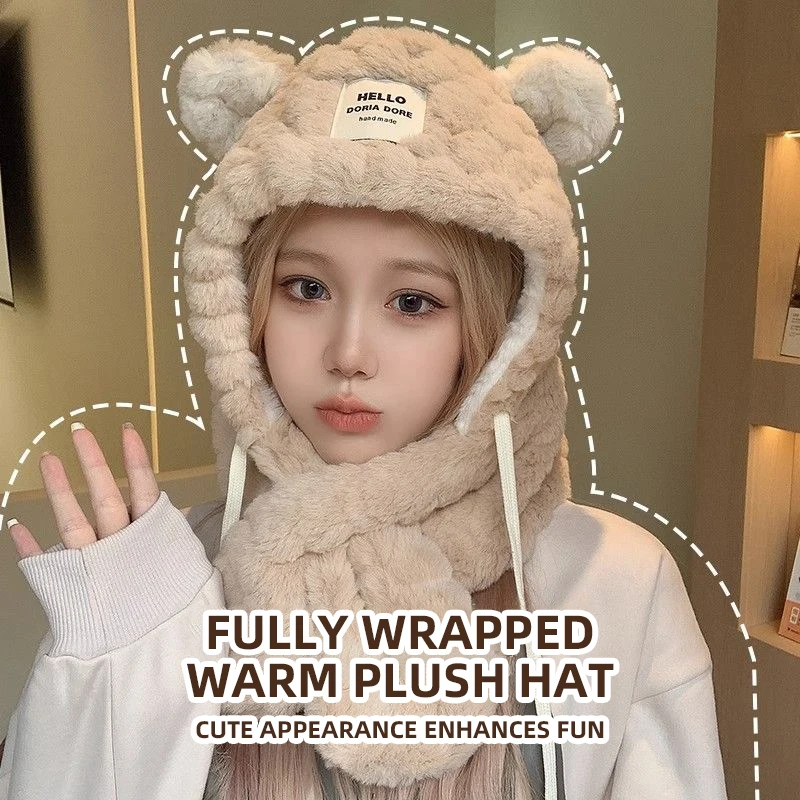 2024Winter Korean Version Cute Teddy Bear with Plush Scarf Integrated Hat for Women Riding Thickened Warm Scarf Ear Protection