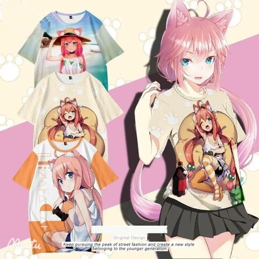 VTuber Nekomiya Hinata 3D Printing T-shirt Summer Fashion Round Neck Short Sleeve Popular Japanese Harajuku Streetwear Plus Size