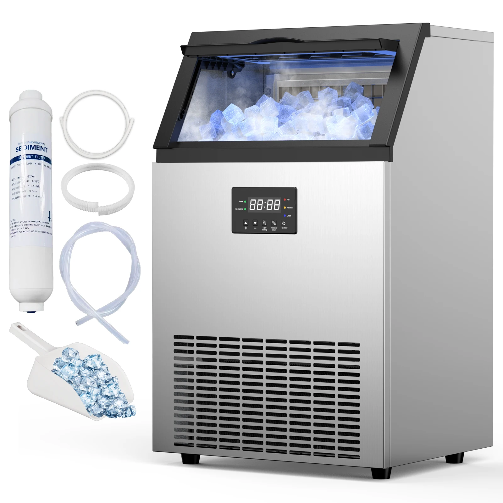 Commercial Ice Maker Machine 150Lbs/24H with 50Lbs Ice Capacity, 55Pcs Clear Ice Cubes Ready in 11-20Mins  Large Ice Machine