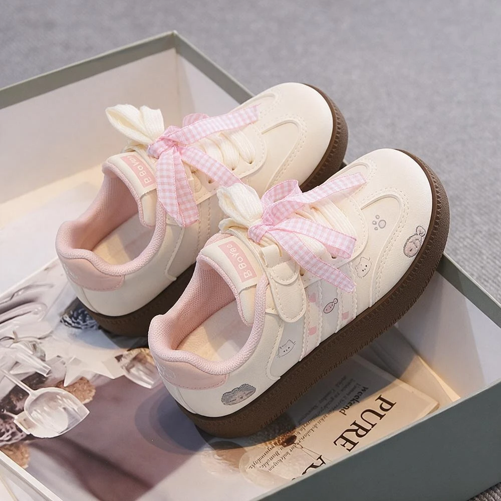 Girls Cute Cat Sneakers Kids Pink Plaid Bow Casual Shoes Lace-Up Non-Slip Walking Shoes Toddler/Little Girl Fashion Daily Wear