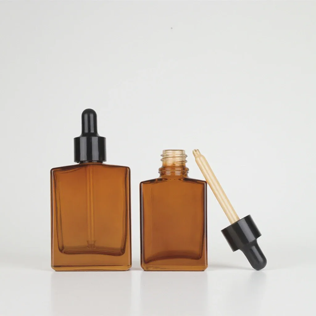 200*30ml 50ml 100ml âmbar marrom vidro retângulo óleo essencial garrafa conta-gotas plana quadrado vidro skincare soro garrafa embalagem
