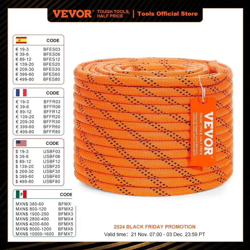 Vevor 120ft Dual-Weave Polyester Koord 3/8 1/2 Inch 48-strengs Meervoudig Touw Voor Boomboomactiviteiten Buitenavonturen Veelzijdig