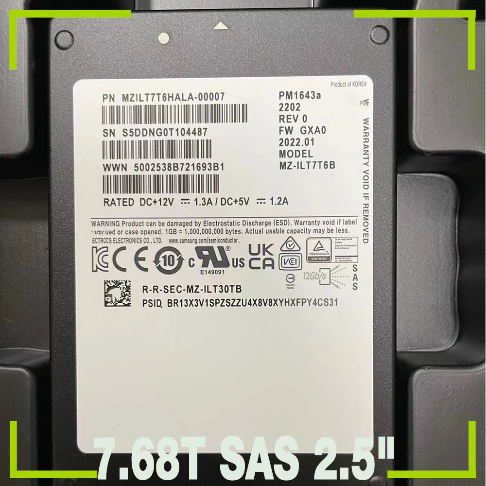 MZILT7T6HALA-00007PM1643A SSD For Samsung Enterprise Server Solid State Drive 7.68T SAS 2.5