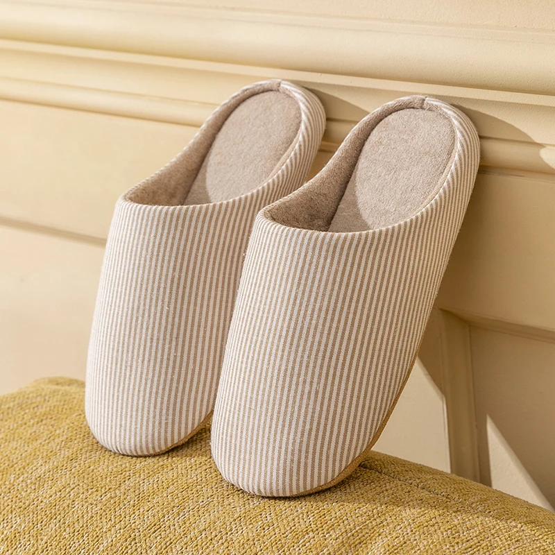 Simple Striped Home Slippers Men's Spring and Autumn Indoor Wooden Floor Bedroom Silent Comfortable Japanese Style Home Shoes