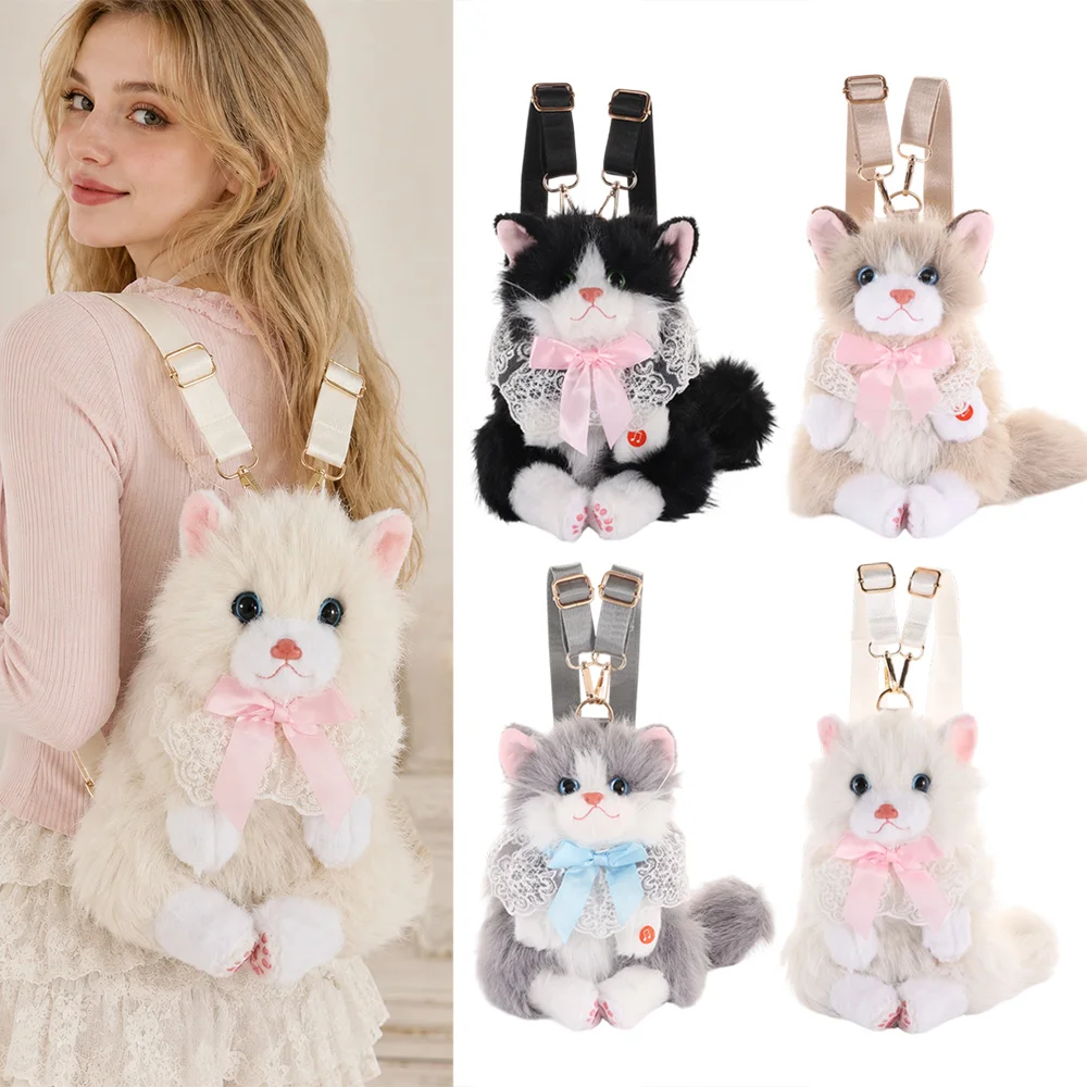 New Realistic Cat Simulated Puppet Cat Backpack Soft Fluffy Cute Cartoon Cat Backpack School Bags Travel Storage