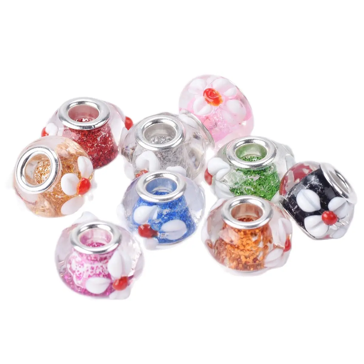 

5pcs 15x10mm Round Handmade Lampwork Glass Flower Patterns Glittery European Charms Loose Big Hole Beads for DIY Bracelet