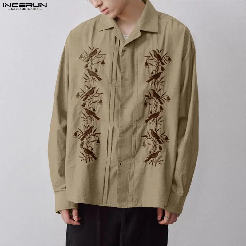 

INCERUN Men Shirt Embroidered Lapel 2026 Long Sleeve Vintage Casual Men Clothing Streetwear Loose Retro Leisure Tops Male Shirts