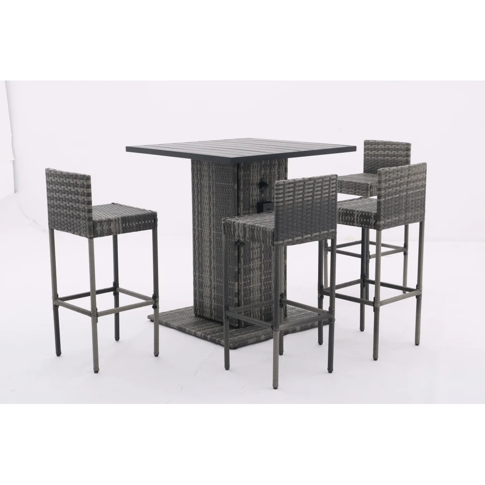 5-Piece Outdoor Conversation Bar Set,All Weather PE Rattan and Steel Frame Patio Furniture With Metal Tabletop and Stools