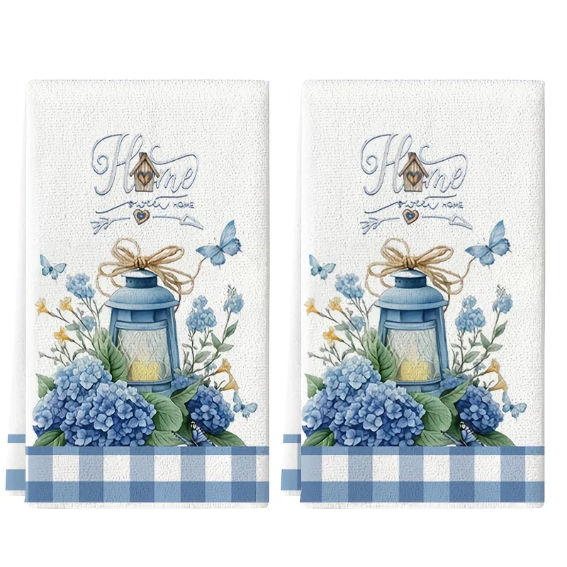 2Pcs, Blue Hydrangea Butterfly Oil Lamp Kitchen Towel, 40Cm*60Cm Towel Set, Best Kitchen Towel, Super Absorbent Soft Cleaning Cloth, Cooking and Baking Tea Towel, Hand Towel, Cleaning Cloth, Dishwashing Cloth, Kitchen Decoration, Living Room Decoration, Kitchen Essentials, Home Essentials