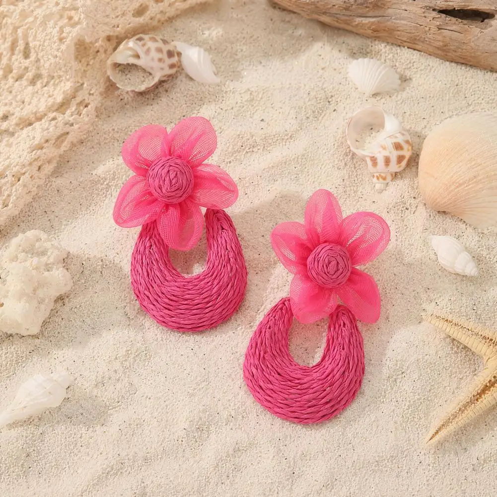 Breathable Lightweight Earrings Boho Raffia Flower Drop Earrings Handmade Rattan Statement Dangle Jewelry Summer Beach for Women